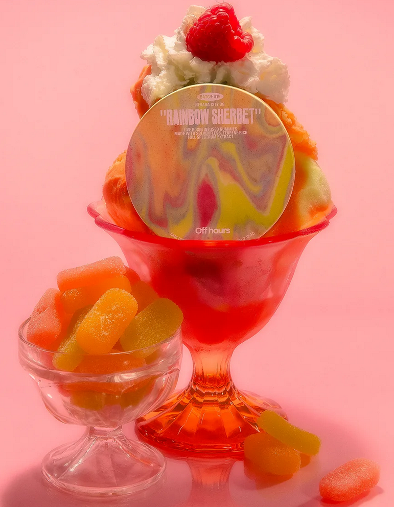 Photograph of product: Off Hours: Live Rosin Infused Gummies- NV City OG-Rainbow Sherbet