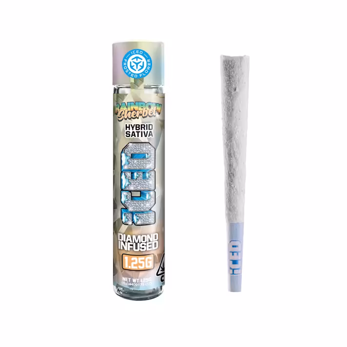 Photograph of product: 1.25g Rainbow Sherbet (Oui'd Hybrid) Diamond Infused Pre-roll TH-oui:44% $20 or 2/$30