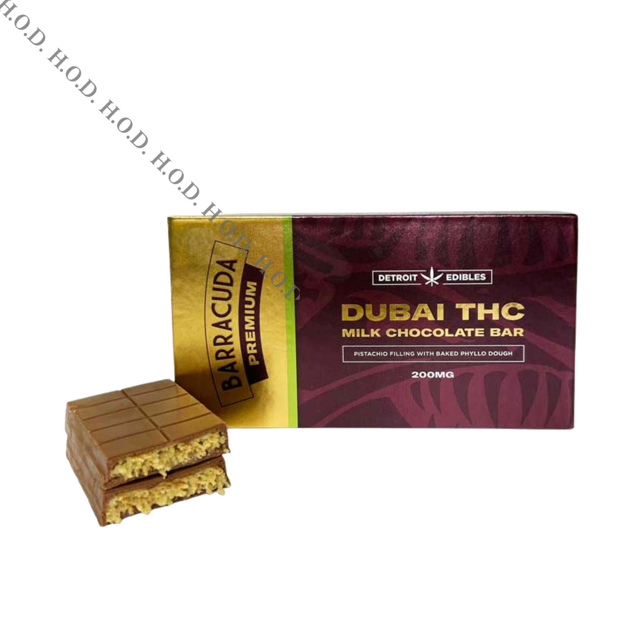 Photograph of product: Detroit Edibles Premium Dubai Milk Chocolate Barracuda Bar 200mg