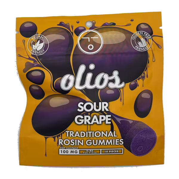 Photograph of product: Olios Traditional Live Rosin Gummies 100mg 10pk (10mg each) Sour Grape
