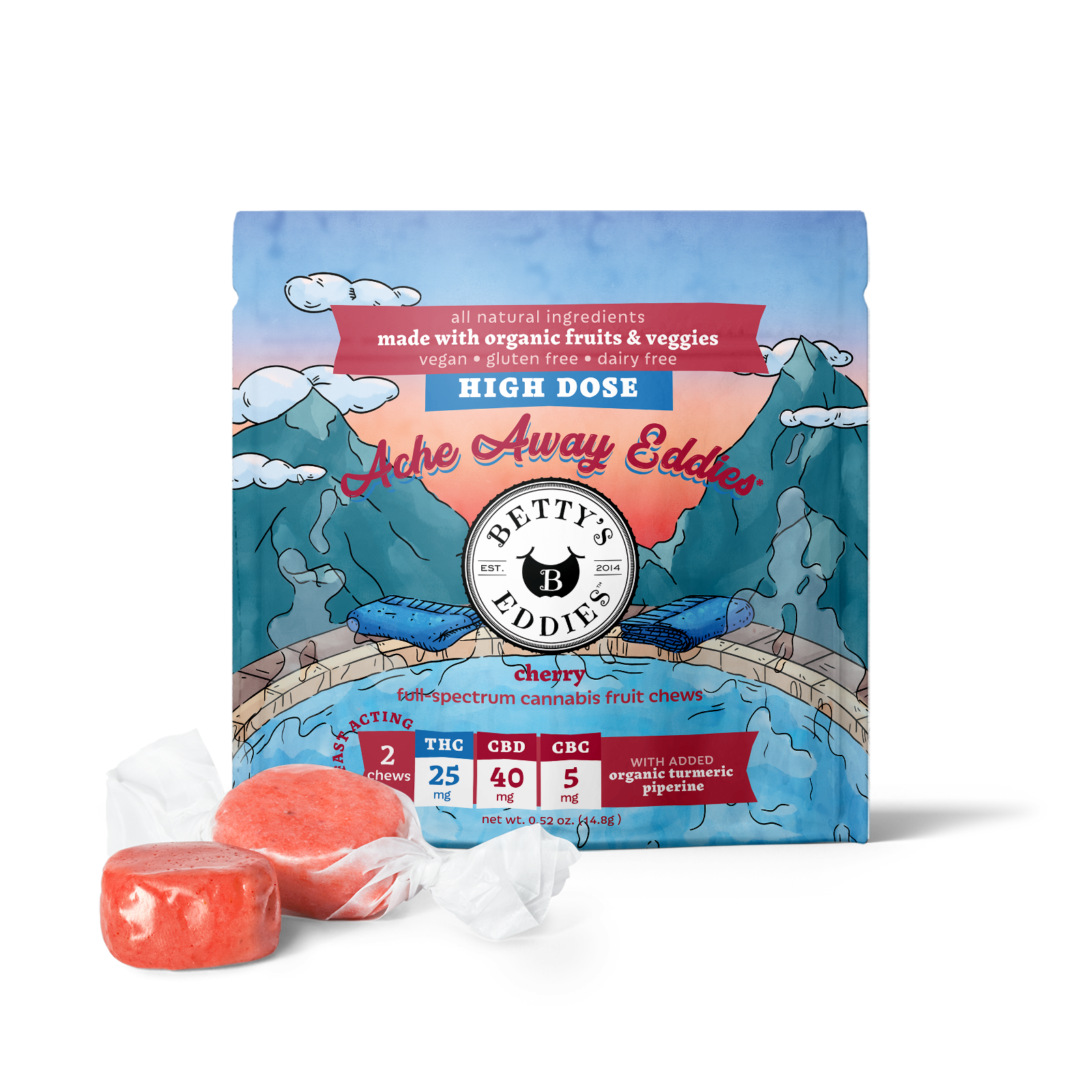 Photograph of product: Cherry (Super Strength) | 50mg TH-oui: 40mg CBD: 5mg CBC | Single Fruit Chew | Betty's Eddies