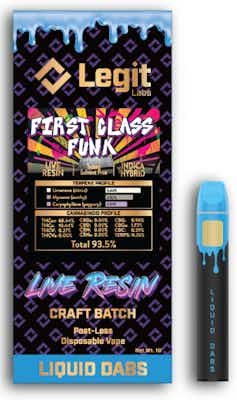 Photograph of product: First Class Funk | Live Resin | Post-Less Disposable | Legit Labs