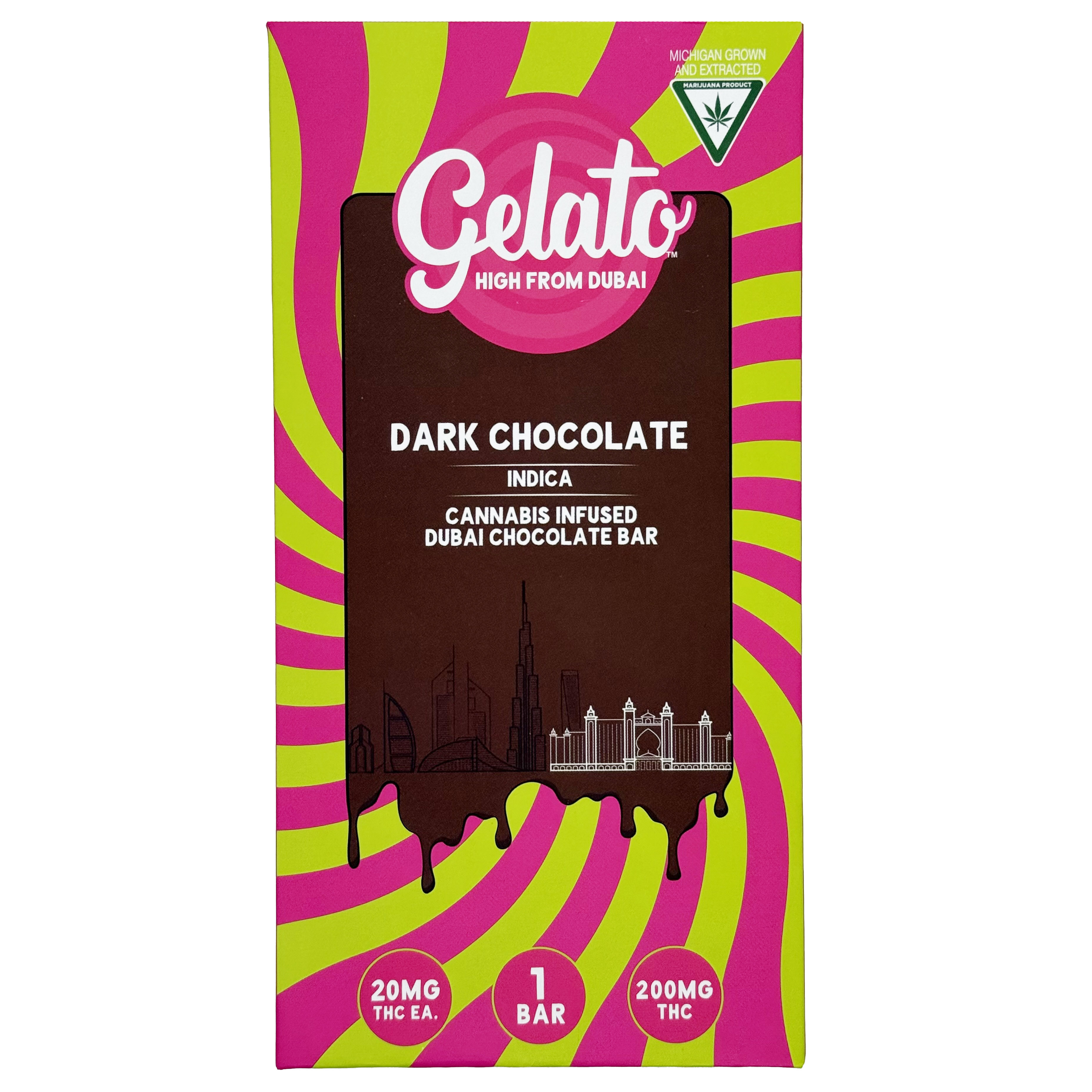 Photograph of product: Gelato Dark Chocolate Dubai Bar 200mg Rec
