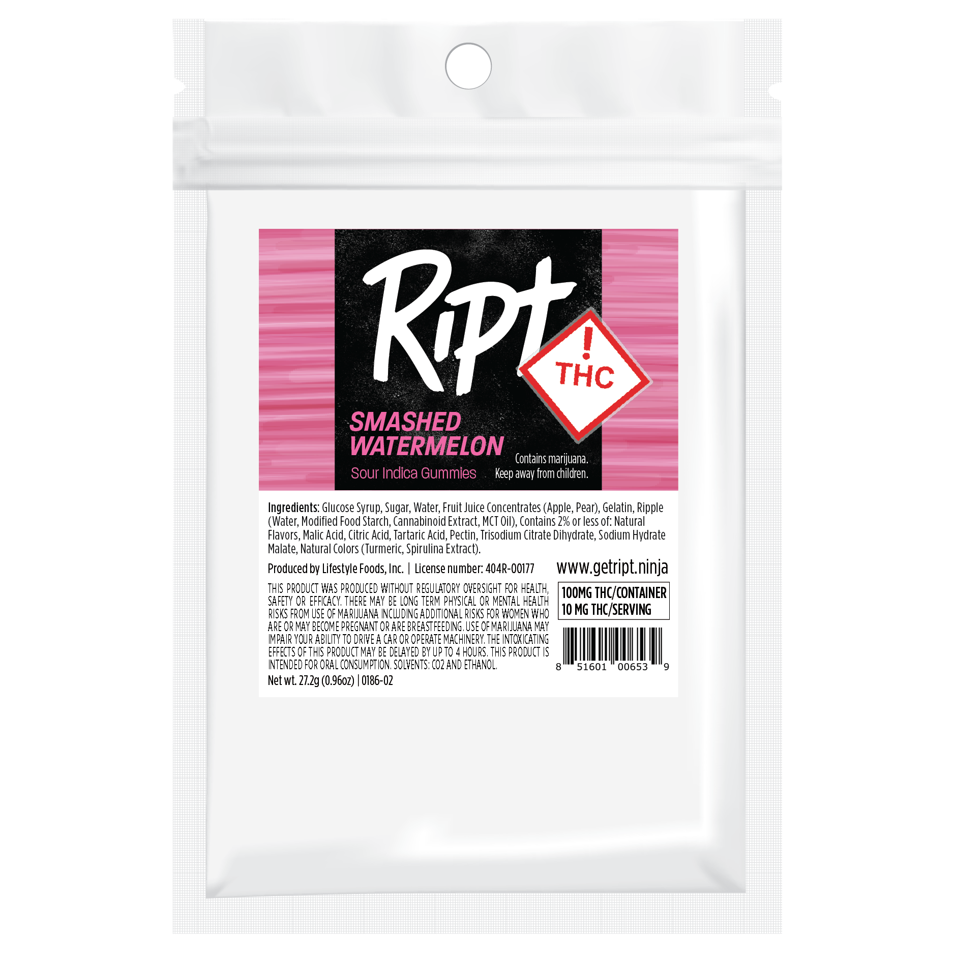 Photograph of product: Ript Gummies Sour Smashed Watermelon Oui'd 100mg