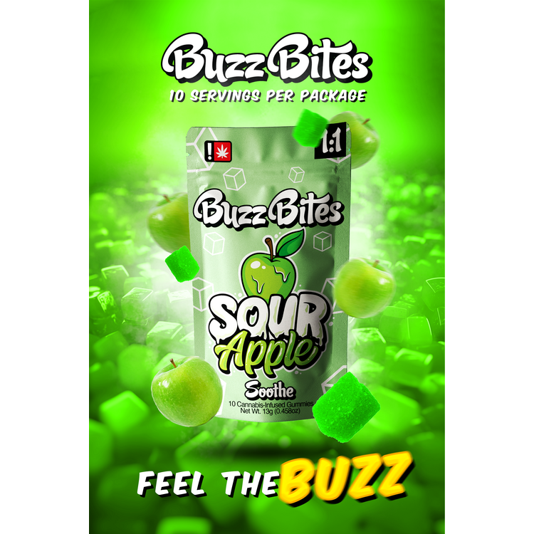 Photograph of product: Buzz Bites 100mg 1:1 Sour Apple Soothe