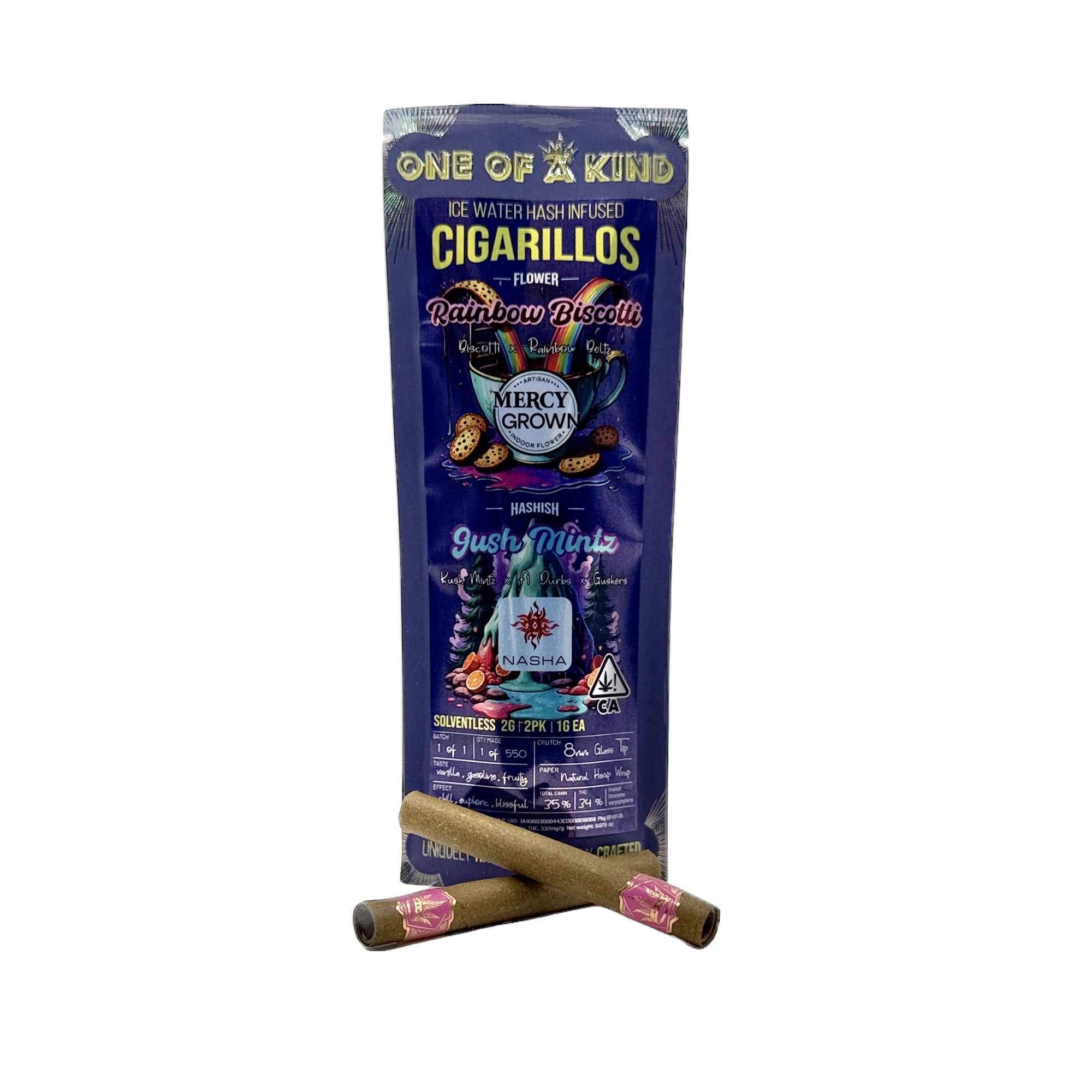 Photograph of product: RAINBOW BISCOTTI X GUSH MINTZ INFUSED CIGARILLOS 2 PACK 2G