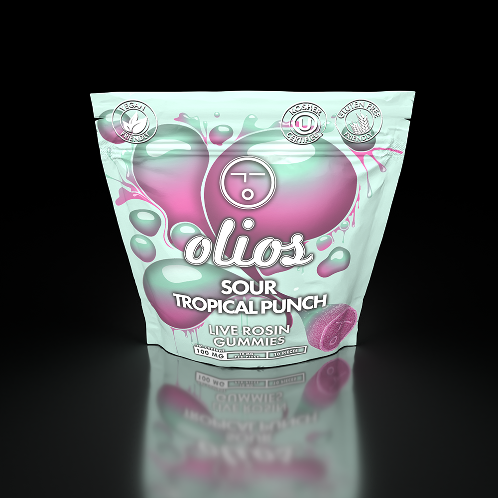 Photograph of product: Sour Tropical Punch | Live Rosin | Gummies | 10 Pack | 100mg