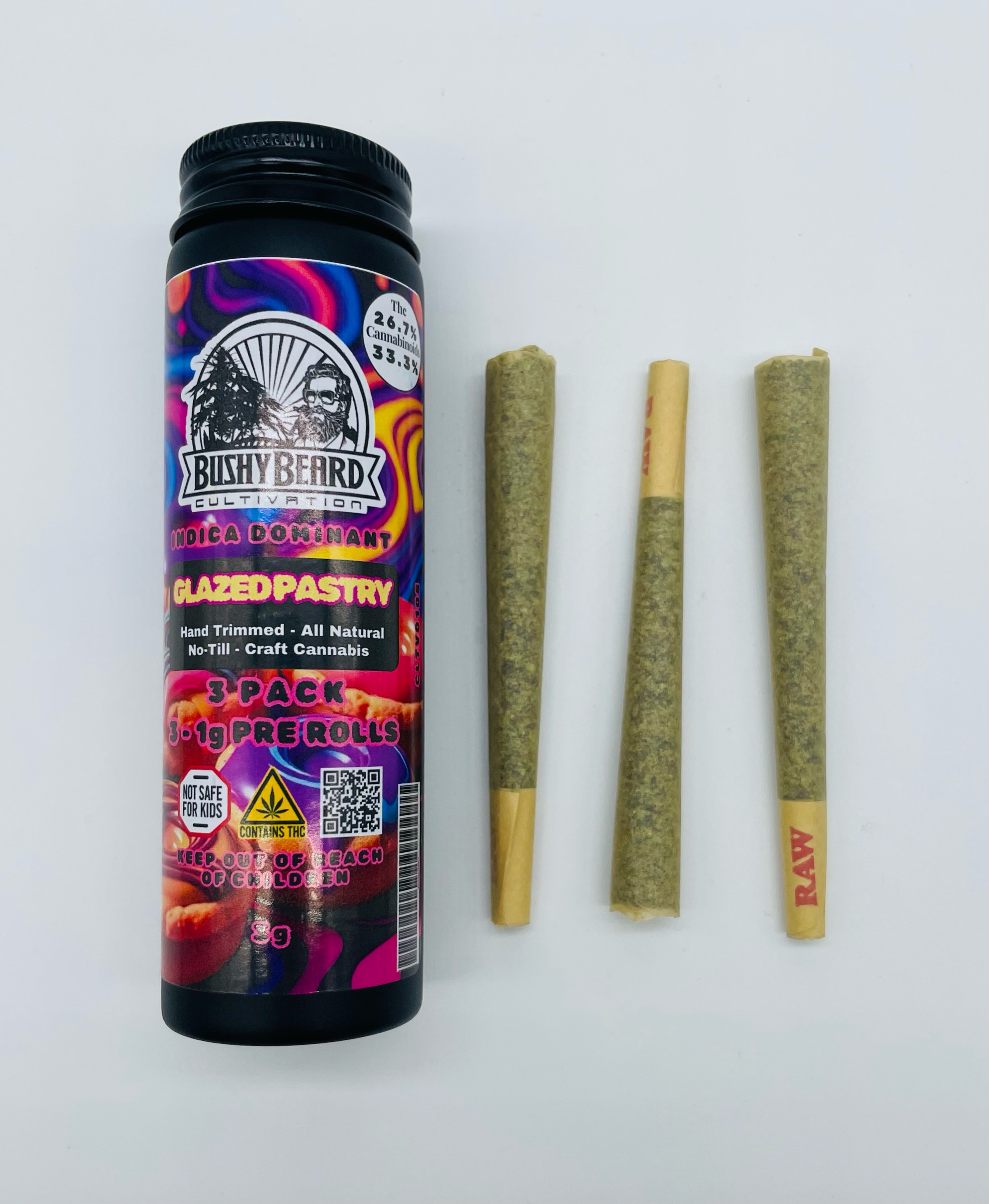 Photograph of product: Bushy Beard | Glazed Pastry 3pk | Pre-Roll | 3g | 26.7% TH-oui