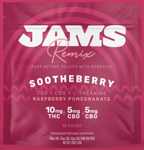Photograph of product: Jams Remix - Sootheberry 2:1:1 TH-oui:CBD:CBG 100mg 10pk Fast-Acting Gummies