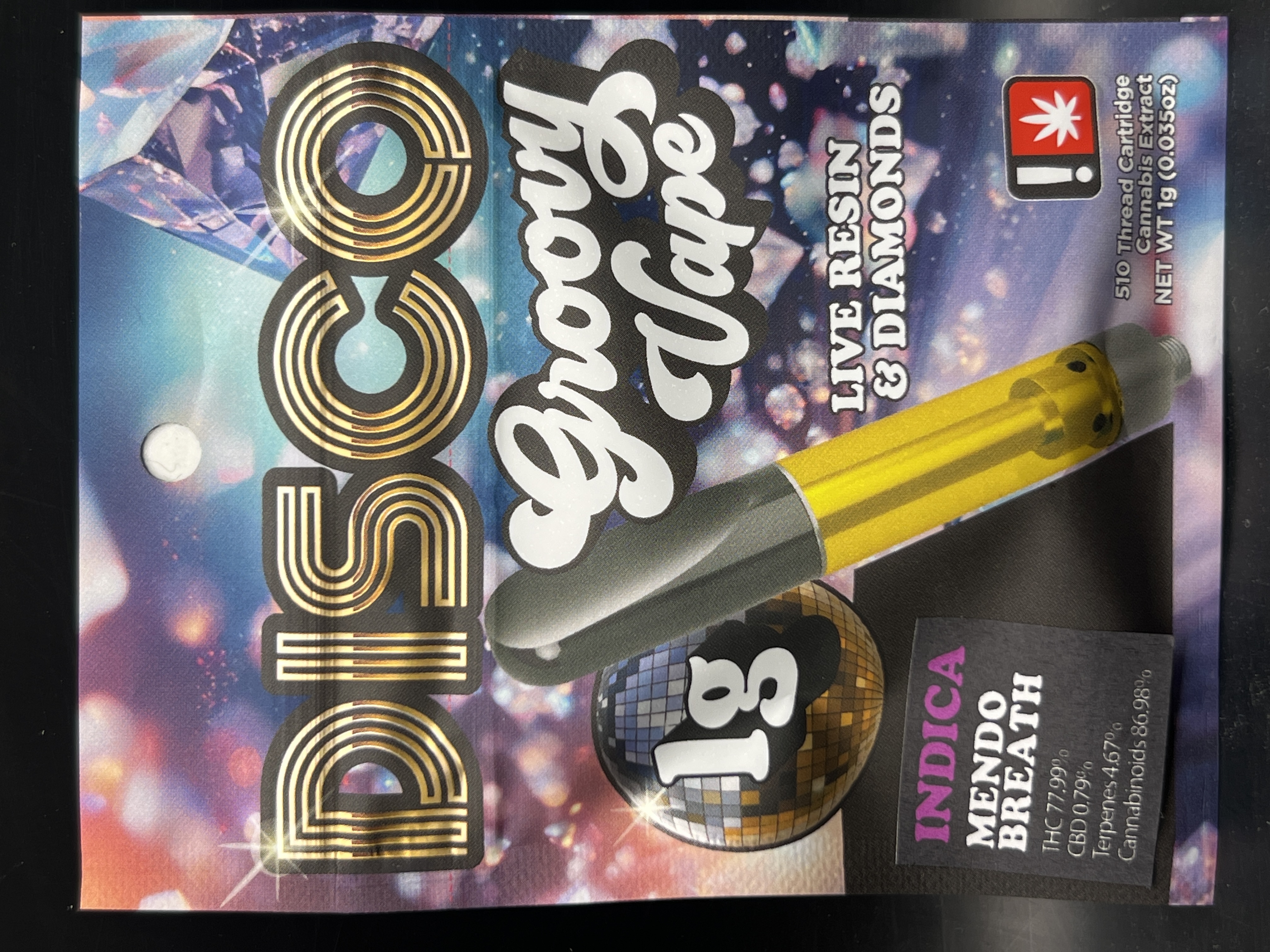 Photograph of product: Disco Dabs Mendo Breath Groovy Vape Cartridge