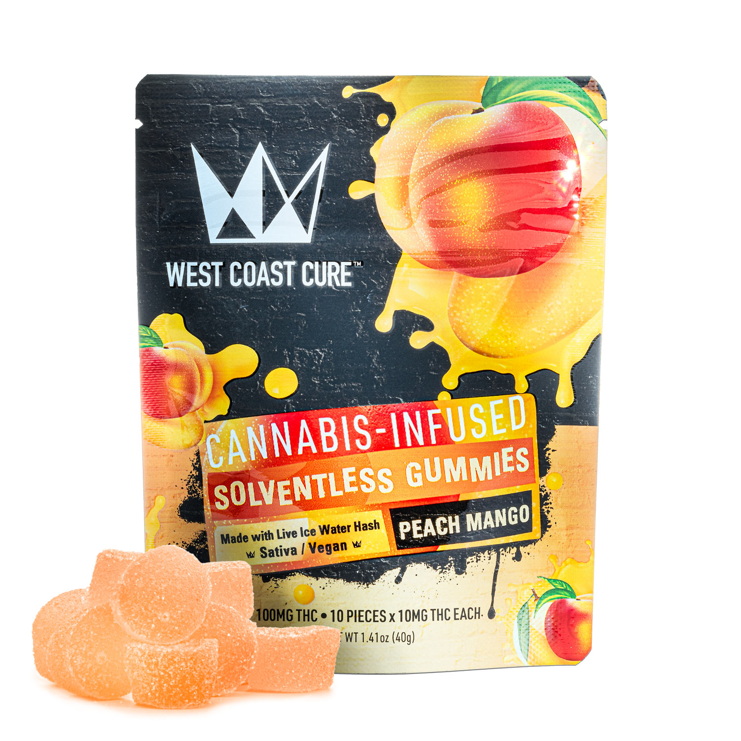 Photograph of product: West Coast Cure | Ice water Hash infused Gummies | Peach Mango | 100mg