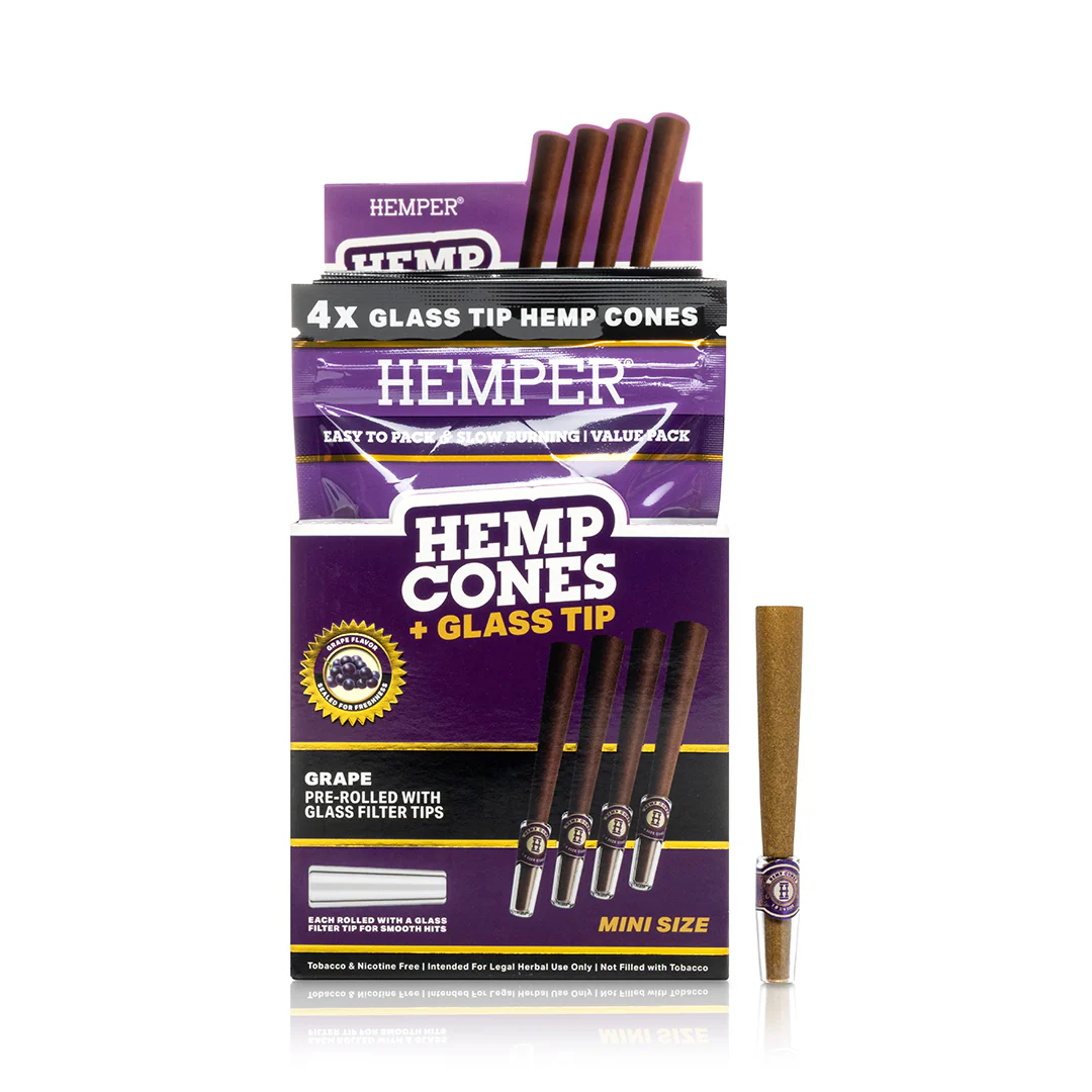 Photograph of product: Hemper Mini Sized Hemp Cones + Glass Tip | 4PK