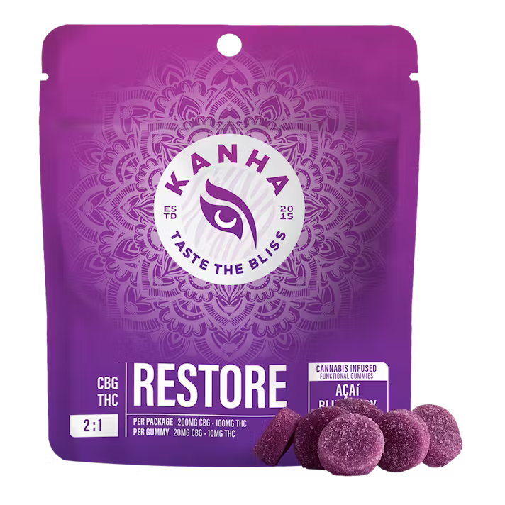 Photograph of product: KANHA Gummies 100mg Nano: Restore 2:1 CBG:THC 10pc