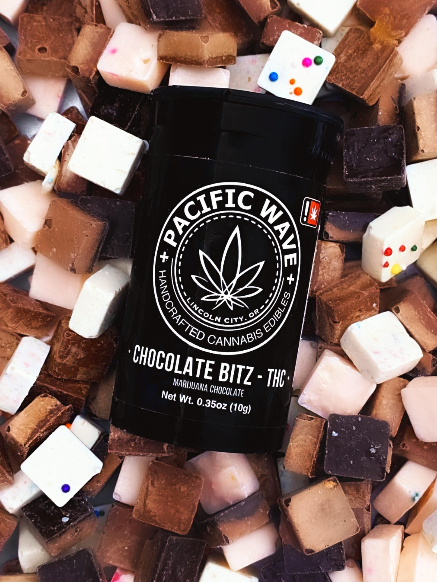 Photograph of product: Pacific Wave: Dark Choc Raspberry 10-piece Dark Chocolate Bitz