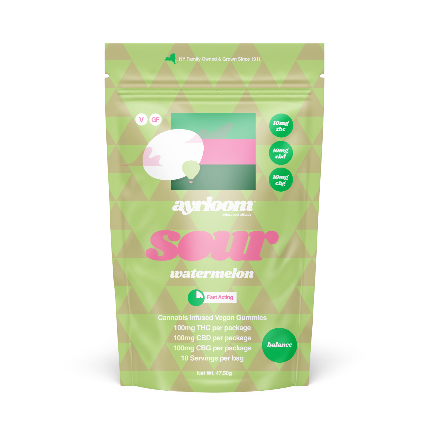 Photograph of product: Ayrloom | Sour Watermelon (Balance) - Gummies | 1:1:1 (TH-oui:CBG:CBD) | 100mg