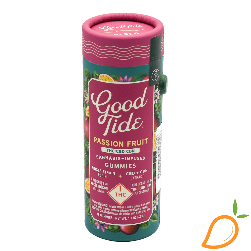 Photograph of product: 100mg 1:1:1 TH-oui:CBD:CBN Passion Fruit Gummies Good Tide