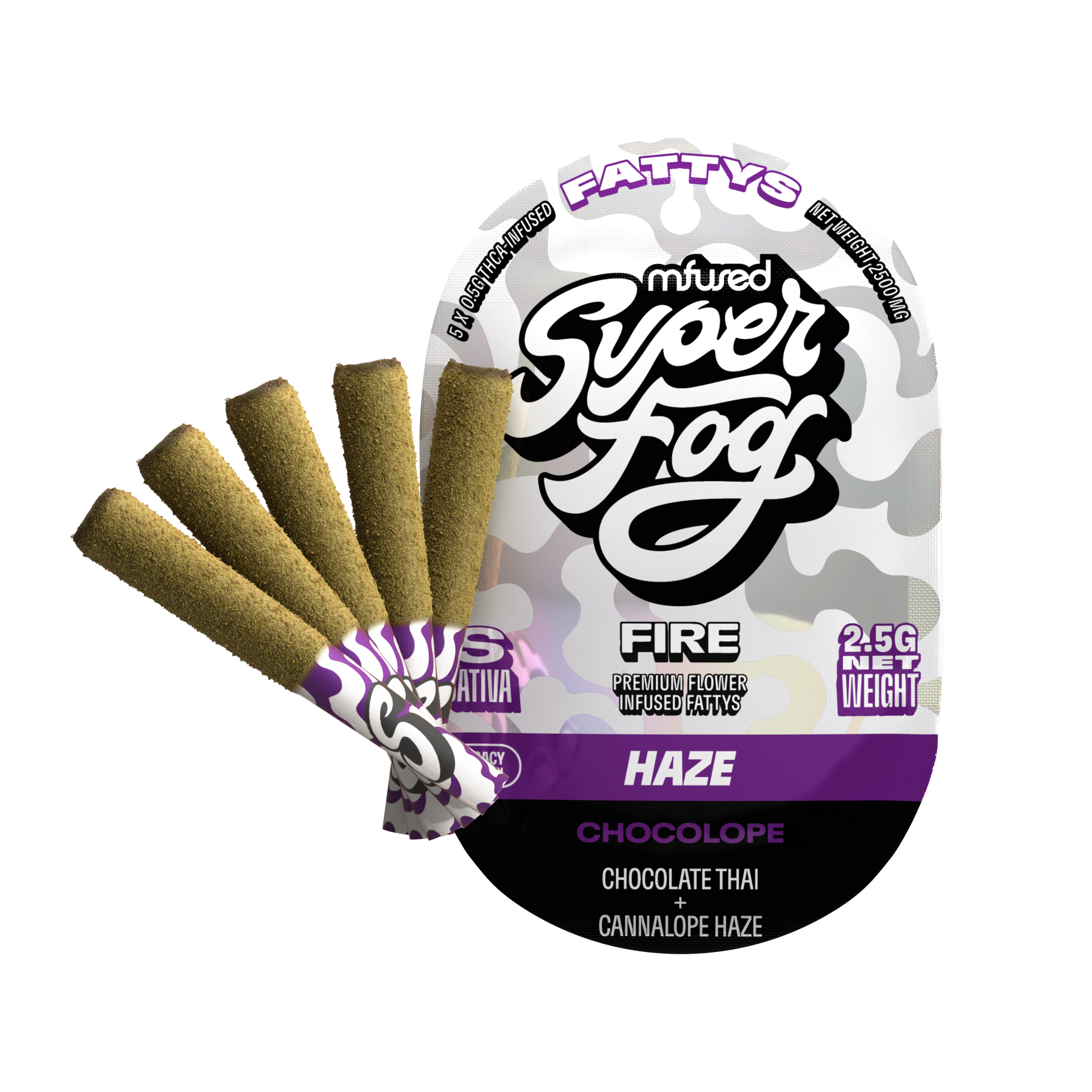 Photograph of product: MFUSED - FIRE FATTYS - PREROLL INFUSED - 0.5G - 5PK - CHOCOLOPE - Oui'd