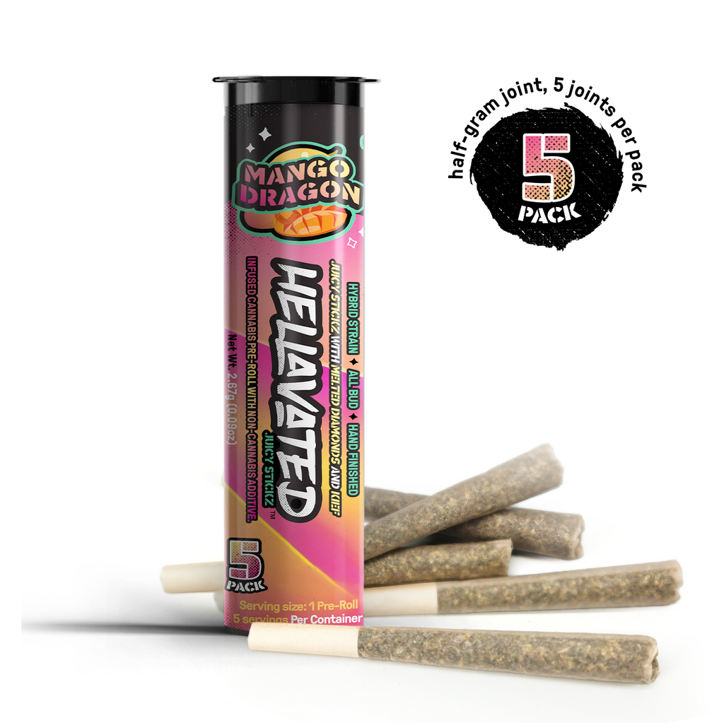 Photograph of product: Hellavated | Juicy Stickz | Mango Dragon Pre-Roll- 5 Pack