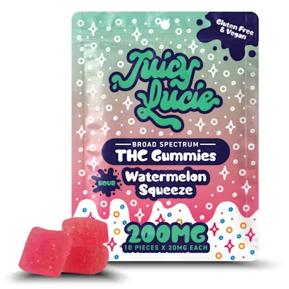 Photograph of product: JUICY LUCIE SOUR WATERMELON SQUEEZE GUMMIES 200MG