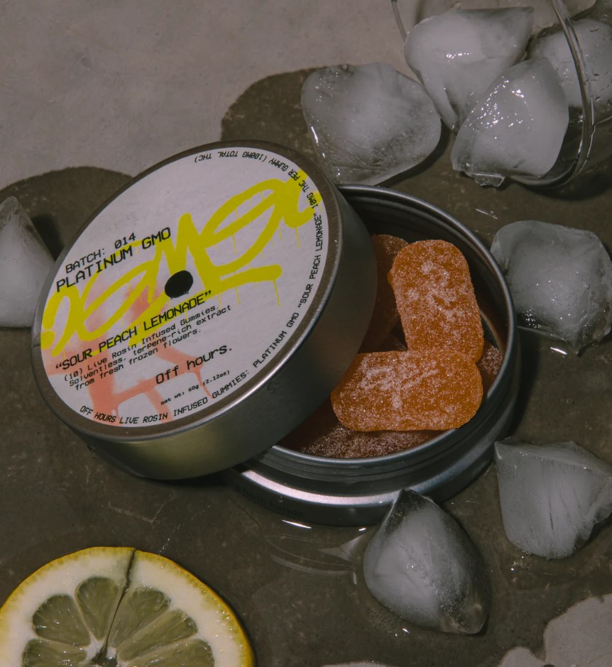 Photograph of product: Off Hours | Platinum GMO | Sour Peach Lemonade | 100mg package