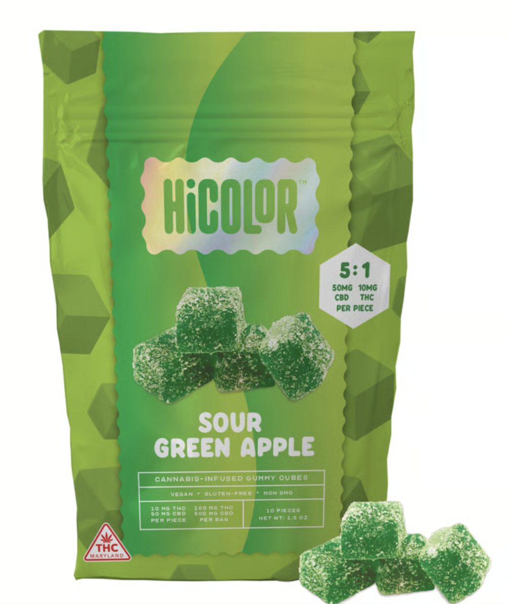 Photograph of product: Sour Green Apple 5:1 [50mg CBD : 10mg TH-oui] Gummies || HiColor
