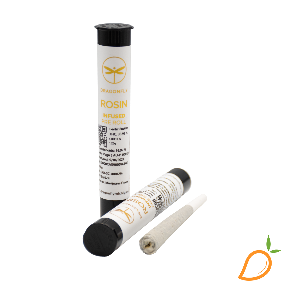 Photograph of product: 1.25g Garlic Budder Rosin Infused Preroll Dragon Fly