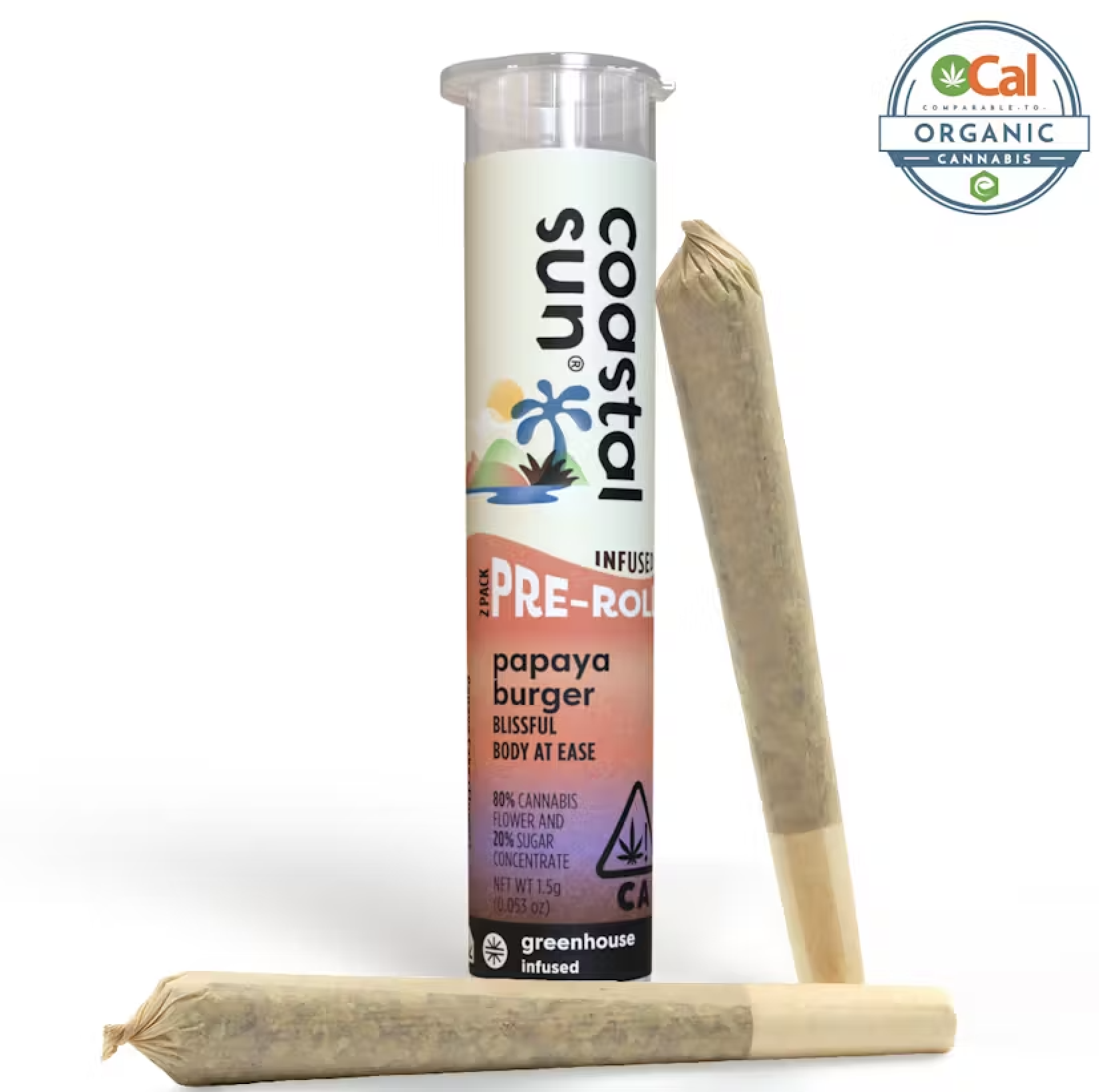 Photograph of product: Coastal Sun Greenhouse Infused Preroll 2pk 1.5g - Papaya Burger (H)
