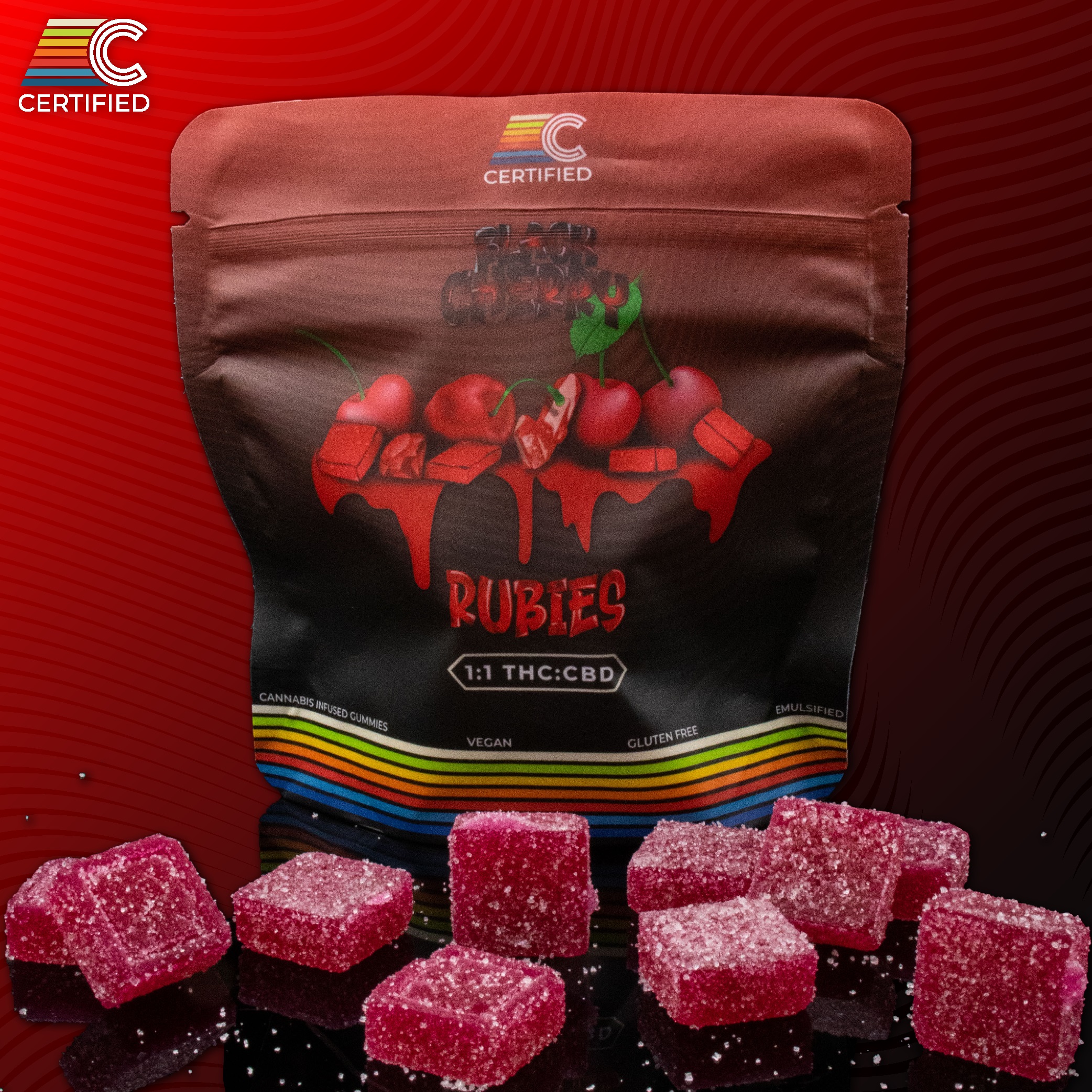 Photograph of product: Certified Cultivators | Black Cherry Rubies 1:1 TH-oui:CBD 20pc | 100mg Gummies