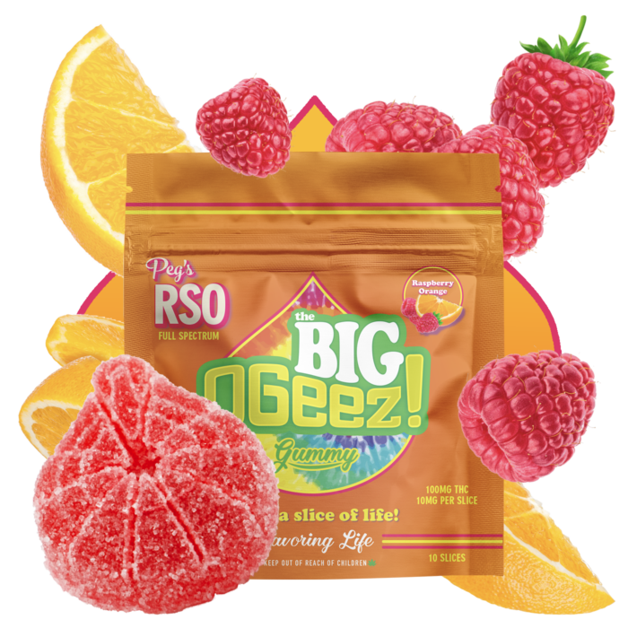 Photograph of product: OGeez Peg's BIG- Raspberry Orange RSO Gummies 100mg