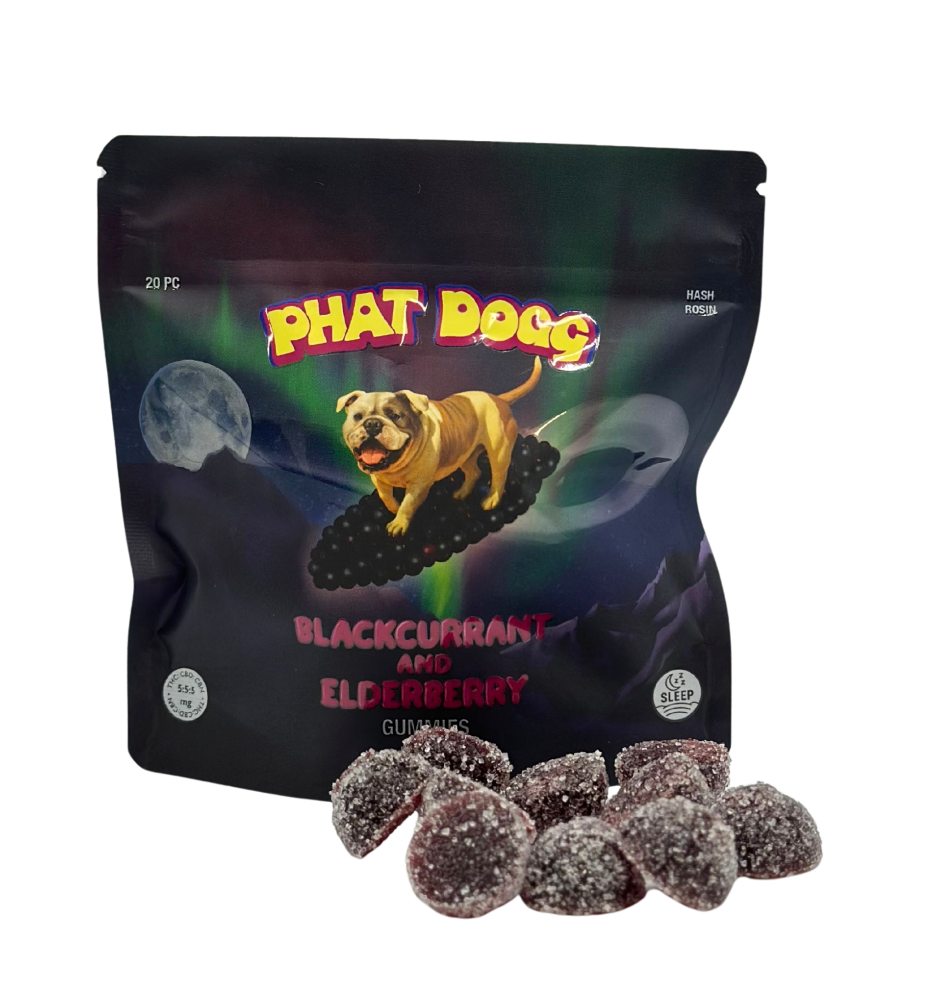 Photograph of product: BLACK CURRANT & ELDERBERRY SLEEP GUMMIES (5:5:5 TH-oui:CBD:CBN) | GG4 ROSIN INFUSED - 100 MG - 20 PACK