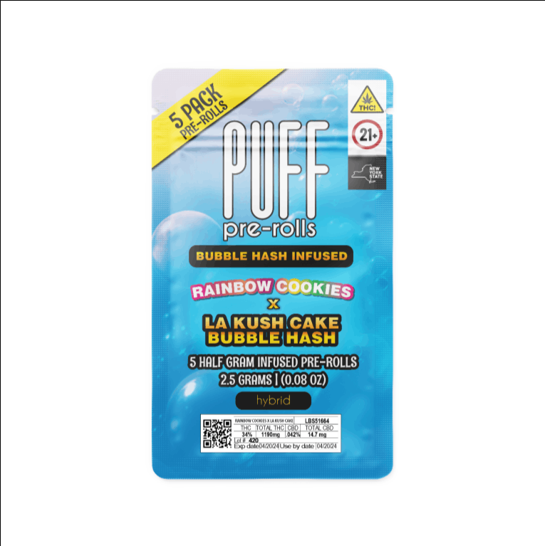 Photograph of product: Puff | Rainbow Cookies & LA Kush | Bubble au chocolat Infused Pre Roll | 5pk