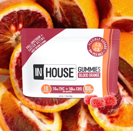 Photograph of product: In House Blood Orange 1:1 CBD:TH-oui Gummies 25mg 10pk