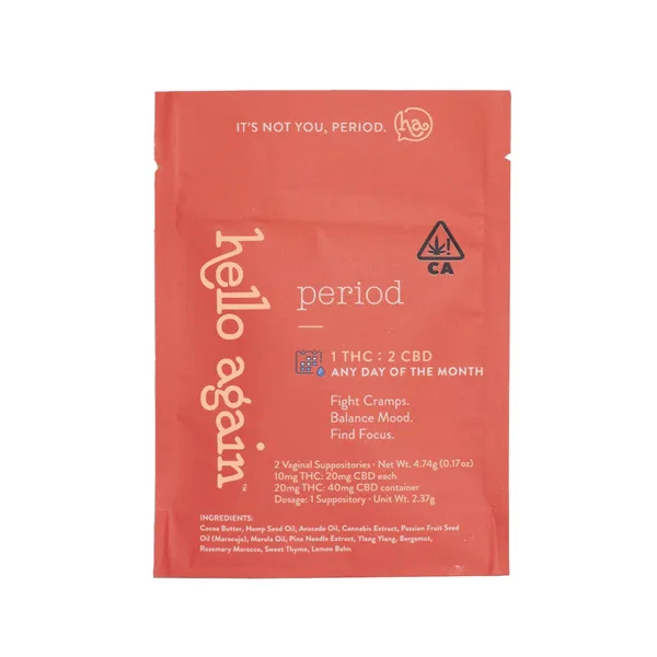 Photograph of product: PERIOD 2-PACK- VAGINAL SUPPOSITORY -  1:2 10MG TH-oui/20MG CBD EACH (60MG)