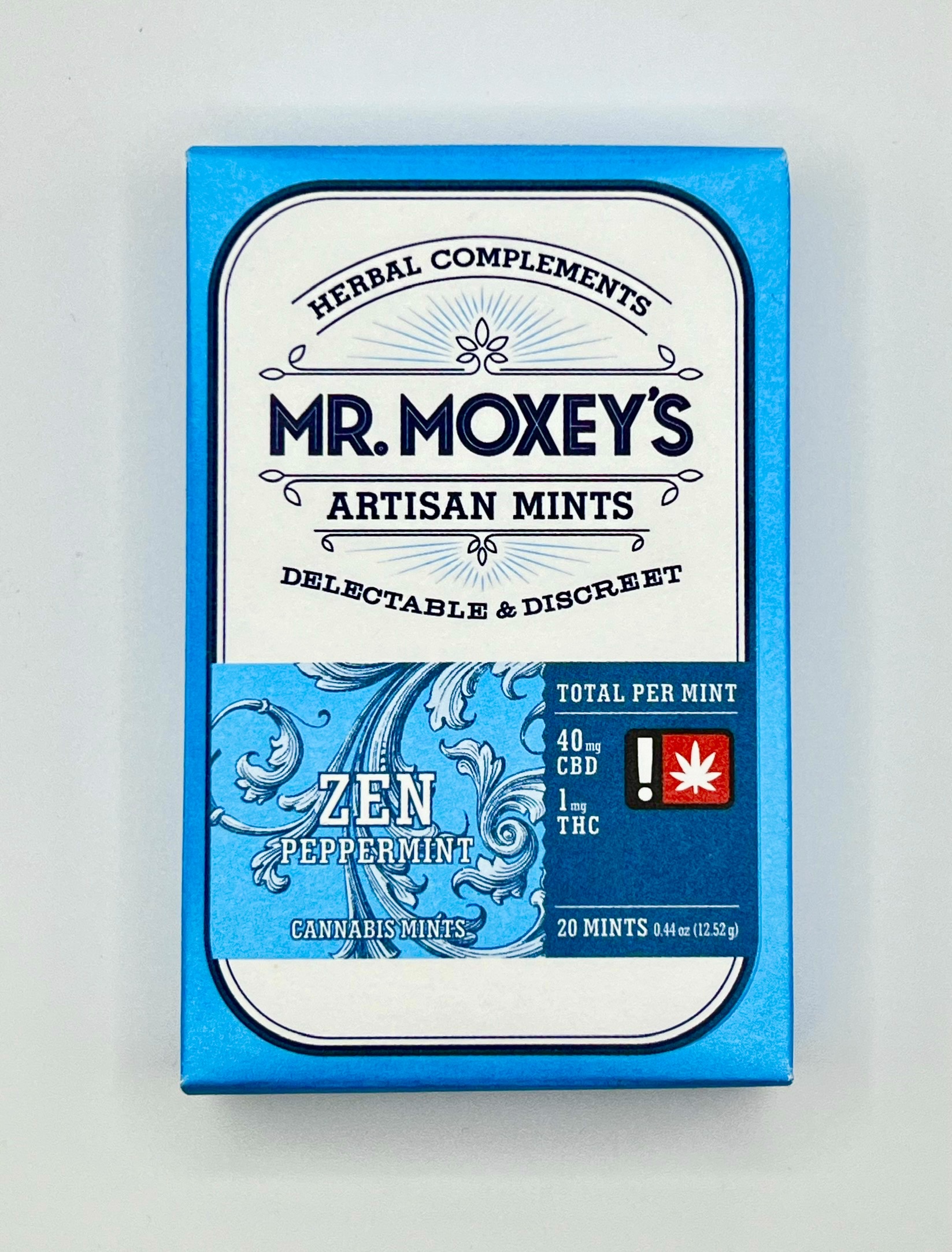 Photograph of product: Moxy Mintz | Peppermint 40:1 | Zen | CBD:TH-oui | 100mg Edible Mints 20pk
