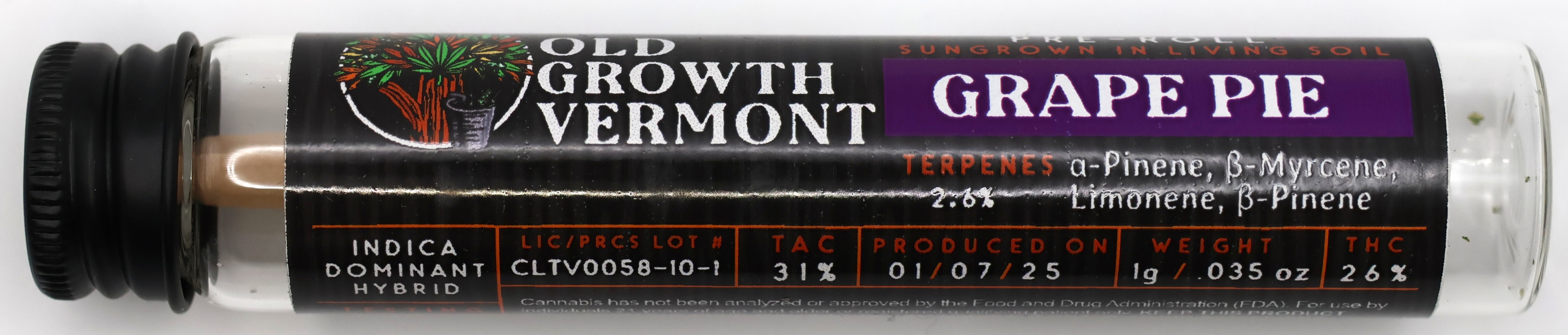 Photograph of product: Old Growth Vermont | Grape Pie | 5-Pack 1g Pre-Rolls