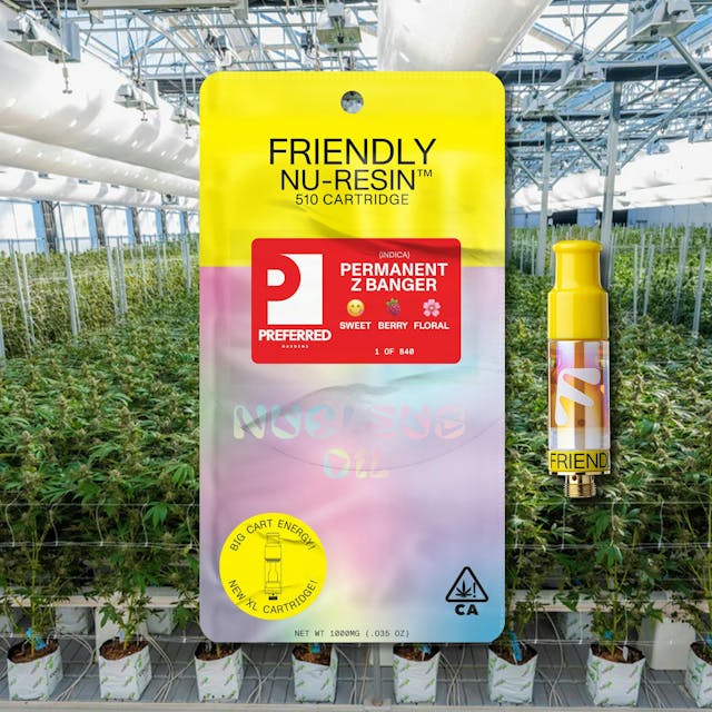 Photograph of product: Friendly Brand x Preferred Gardens - Permanent Z Banger - 1g Nucleus Cured Resin 510 Cart - 