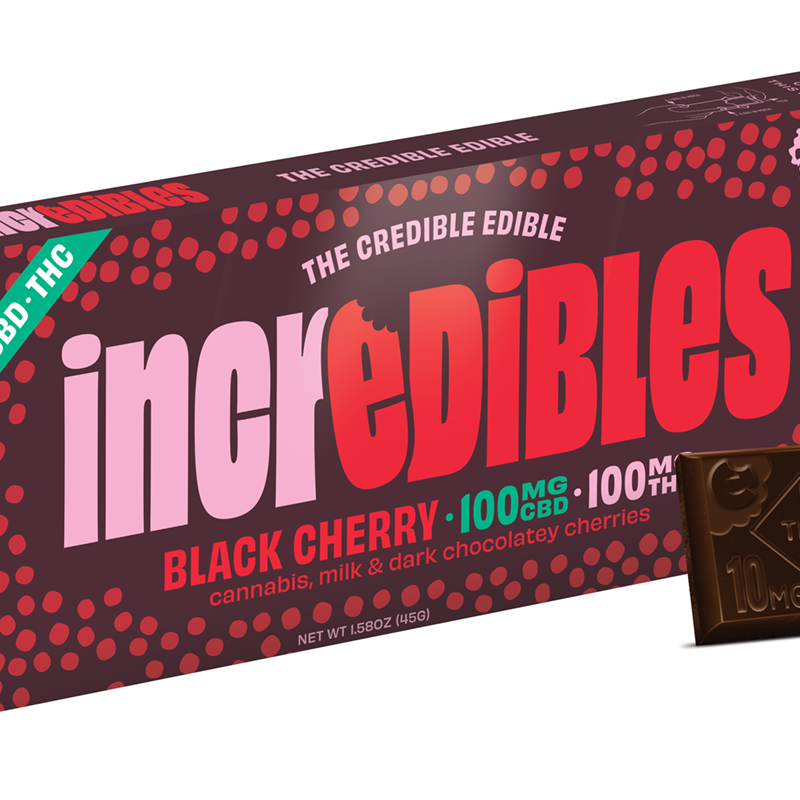Photograph of product: Black Cherry Bar (H) - (1:1 TH-oui:CBD) - 100mg Chocolate Bar - Incredibles