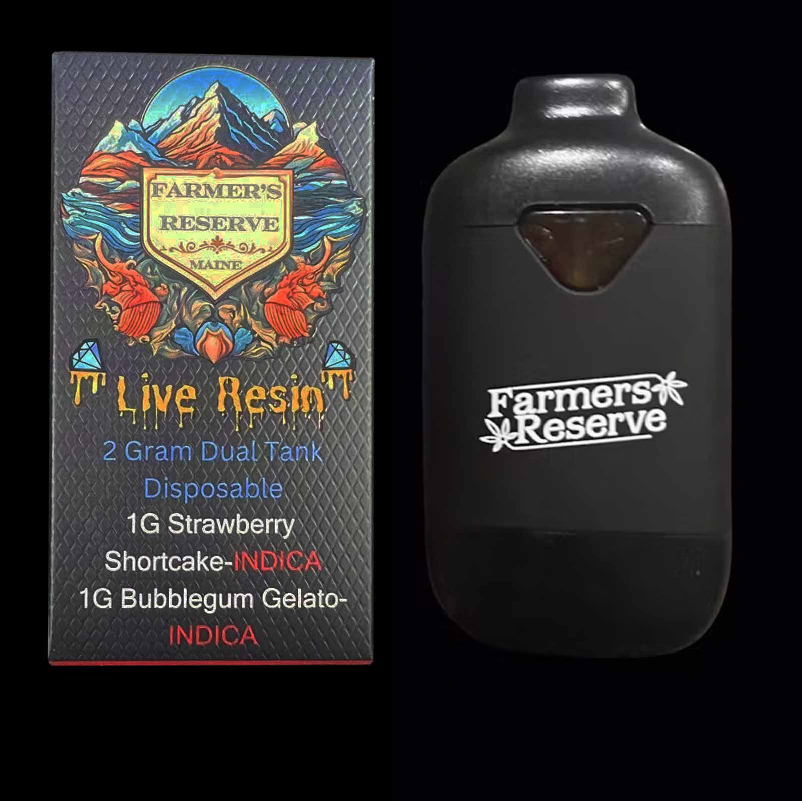 Photograph of product: Farmers Reserve Live Resin Dual Tank Disposable Cart Strawberry Shortcake / Bubble Gum Gelato 2 G