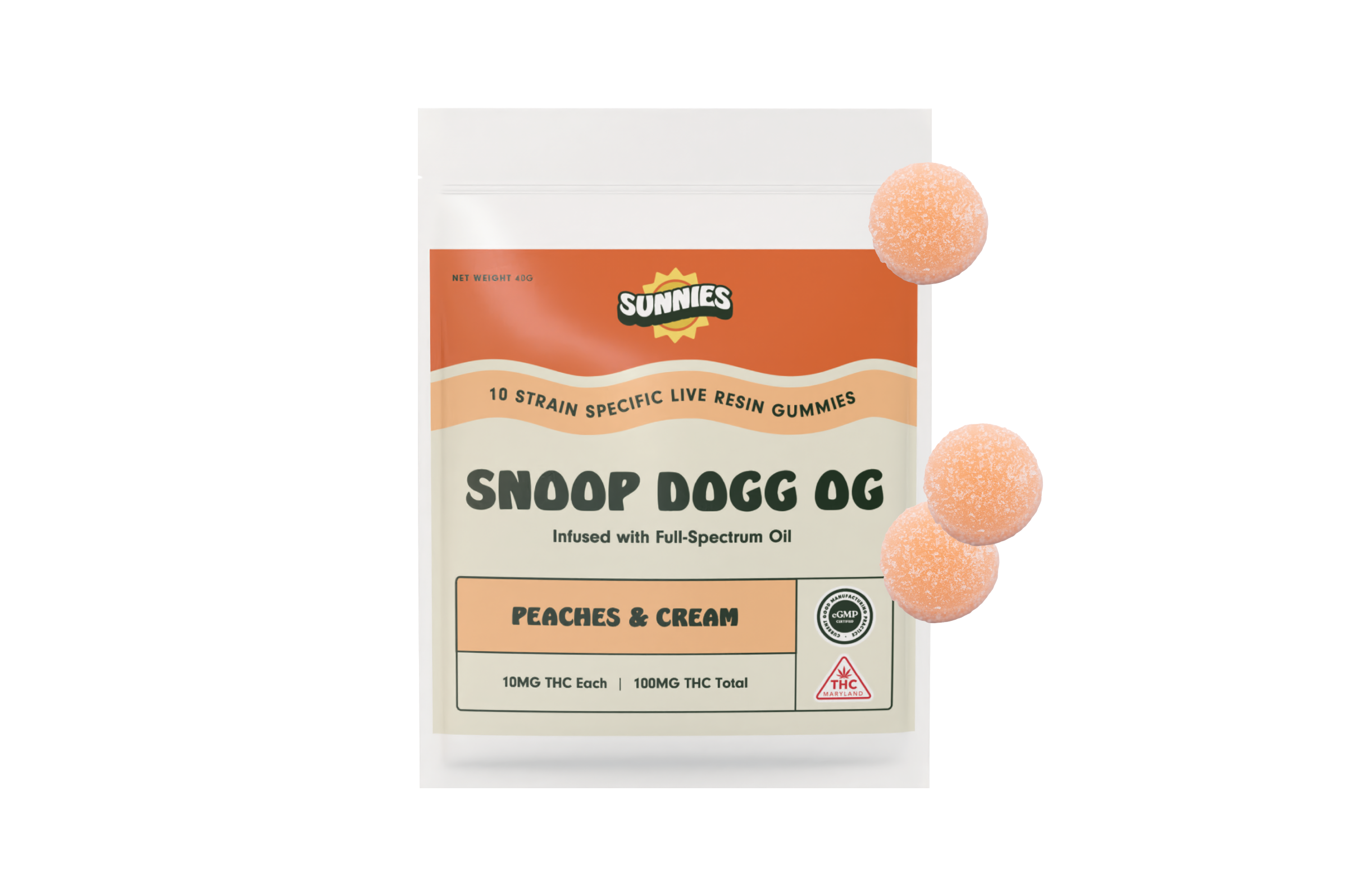 Photograph of product: Sunnies Live Resin Gummies: Snoop Dogg OG I Peaches & Cream 10mg