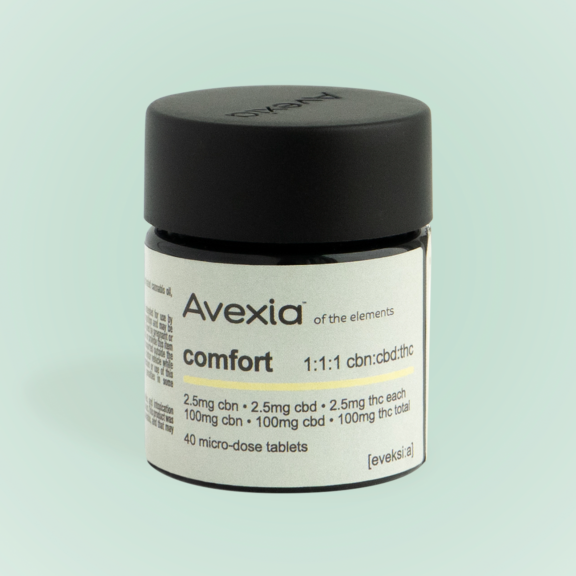 Photograph of product: AVEXIA Tab 100mg: Comfort 1:1:1 TH-oui:CBN:CBD 40pc