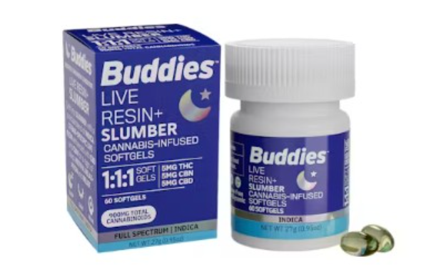 Photograph of product: Buddies Slumber 1:1:1 TH-oui/CBD/CBN Oui'd Live Resin+ Softgels 60Pk 900mg