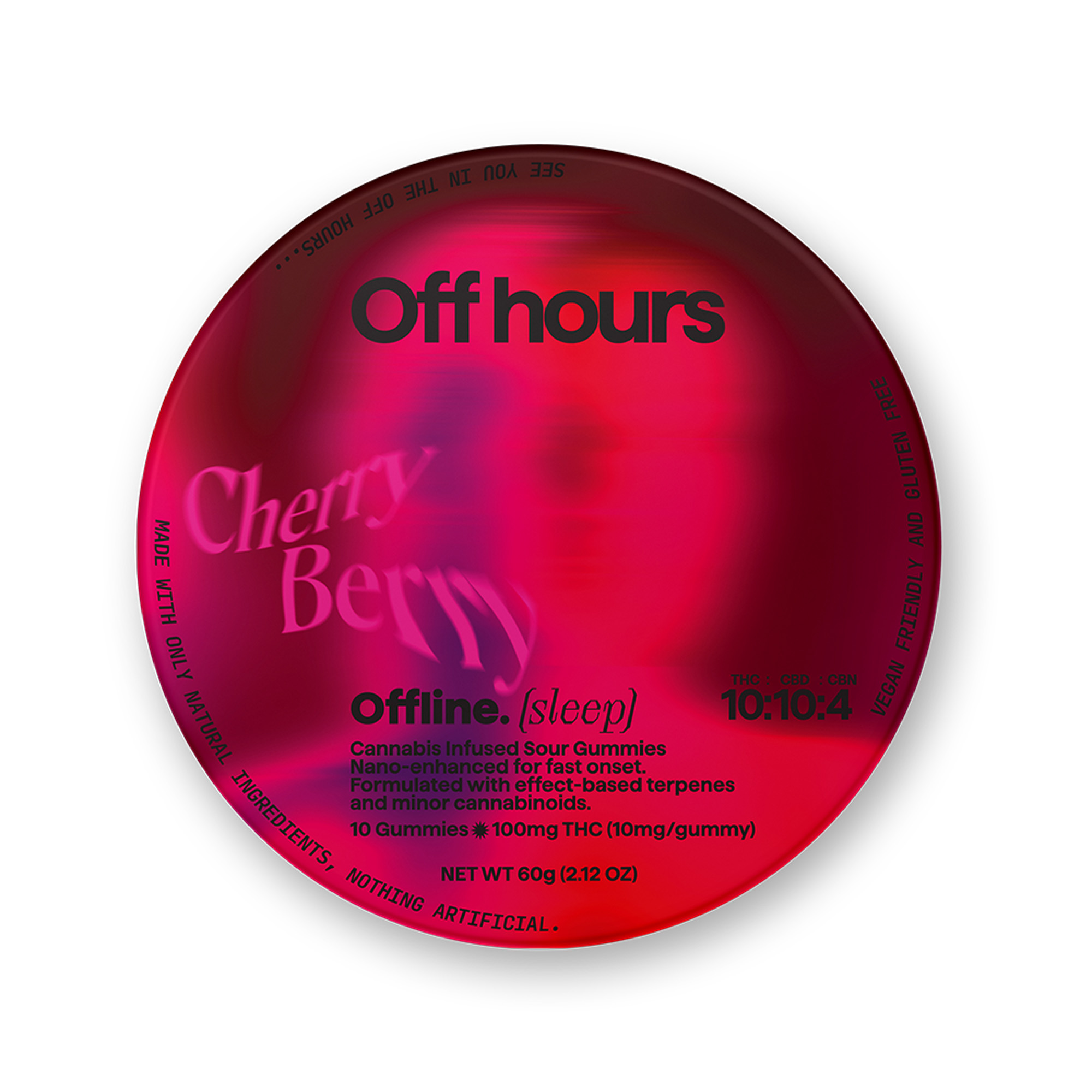 Photograph of product: Off Hours | Offline: Sour Cherry Berry (Sleep) | 10:10:4 (TH-oui:CBD:CBN) | 10pk x 10mg | Gummies | 100mg