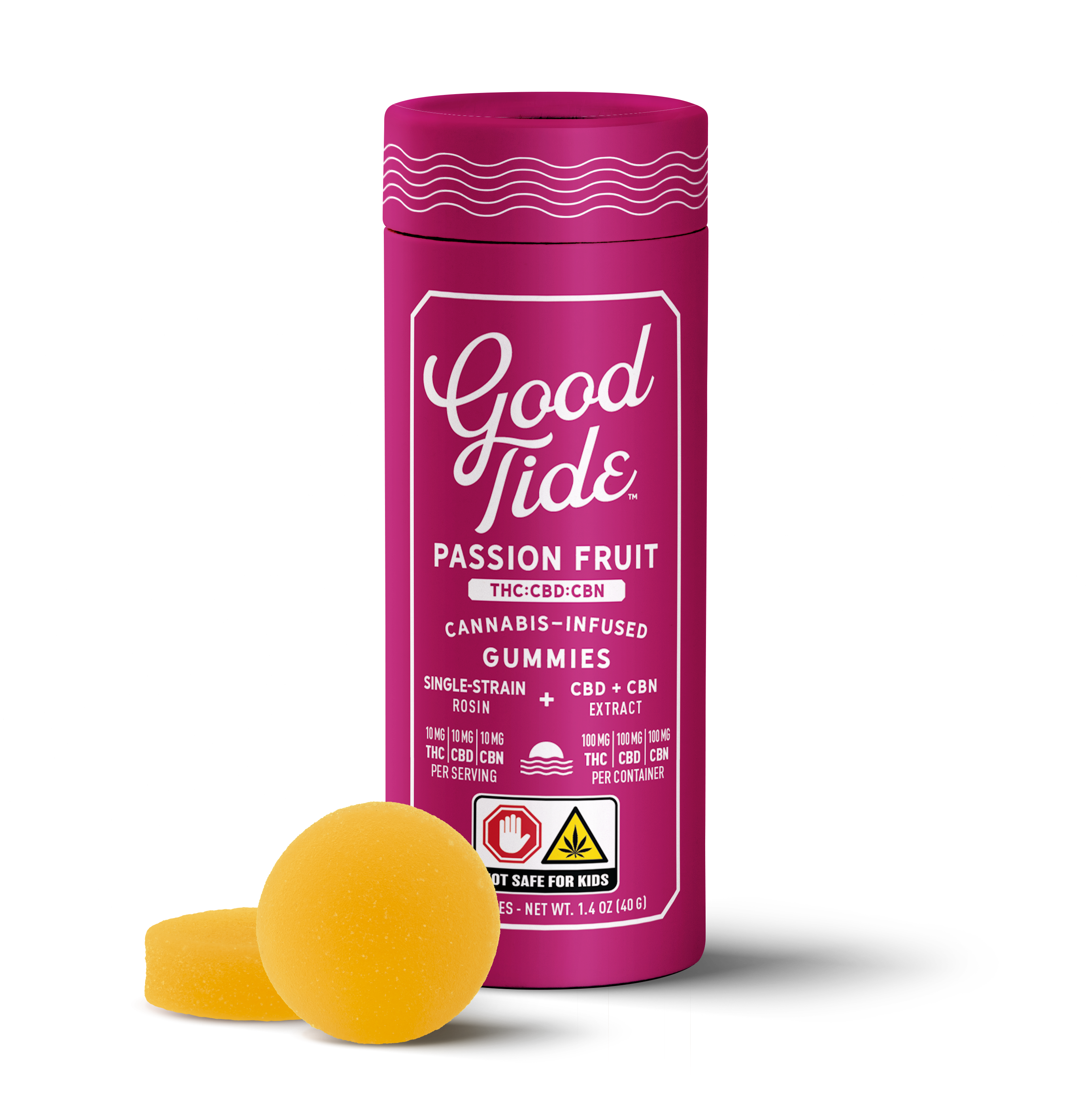 Photograph of product: Good Tide | Passionfruit | Rosin | 10 pack 100mg | 1:1:1 TH-oui:CBD:CBN