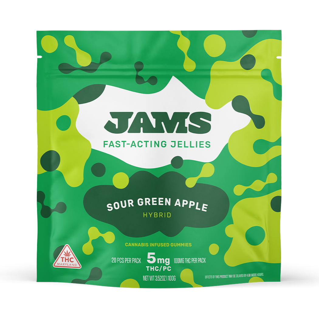 Photograph of product: JAMS: Sour Green Apple Fast Acting Jellies 100mg - 20pk