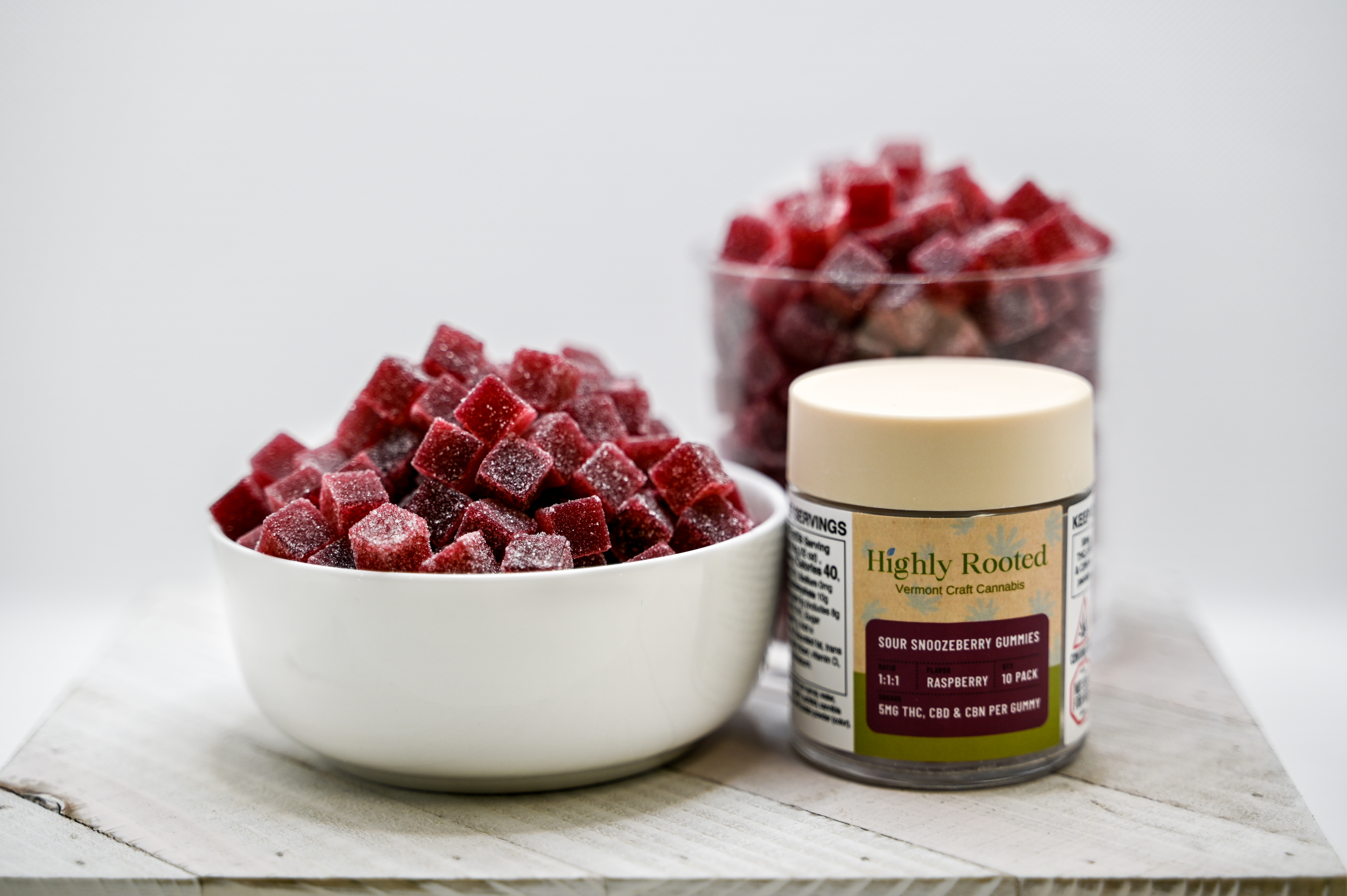 Photograph of Product: Highly Rooted - 5mg 1:1:1 CBD:CBN:THC Hash Gummies - Snoozeberry