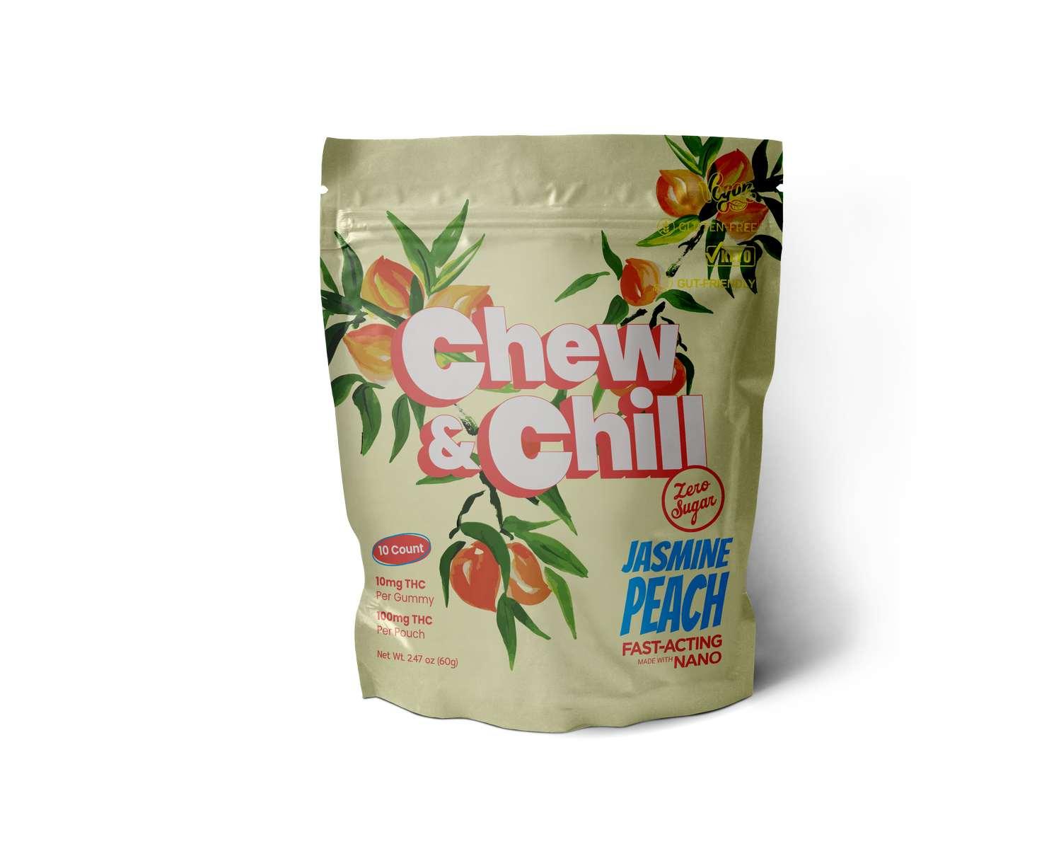 Photograph of product: Chew & Chill Jasmine Peach Gummies 100mg/.1g