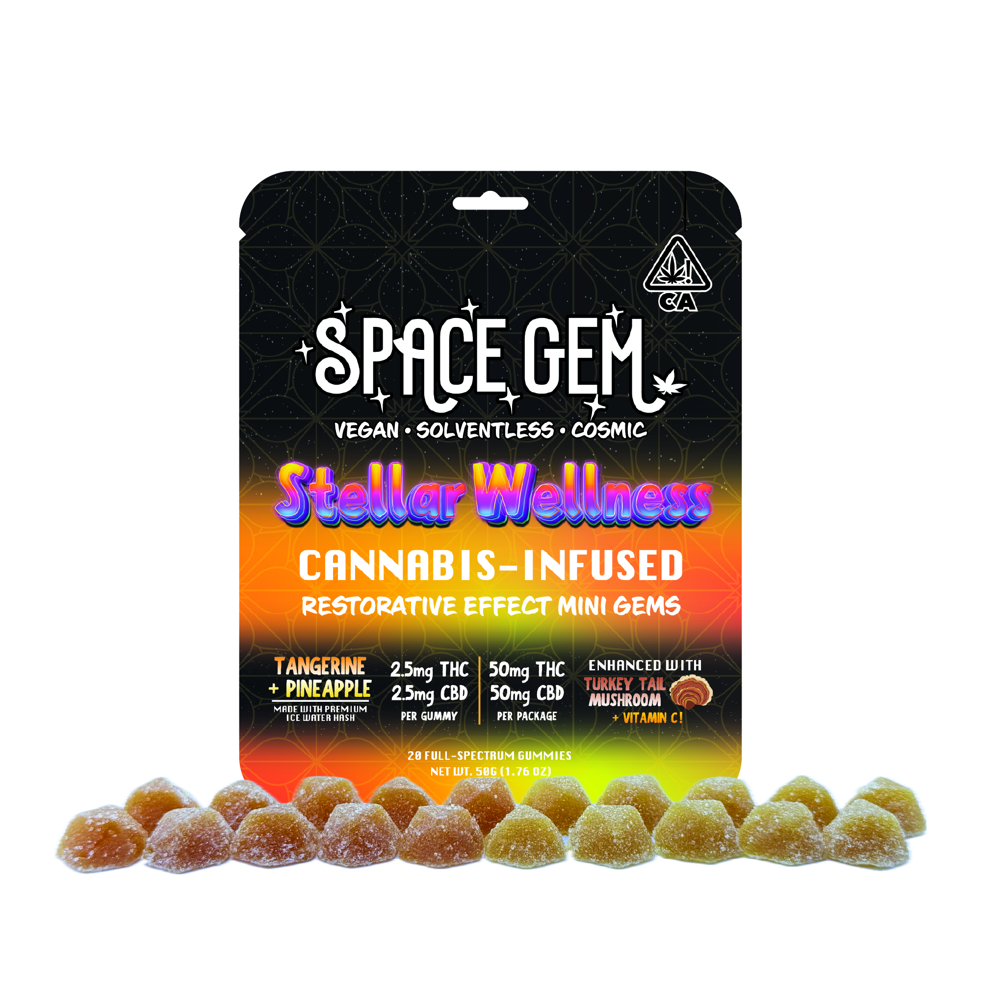 Photograph of product: STELLAR WELLNESS: TANGERINE & PINEAPPLE MINI GEMS + CBD 1:1