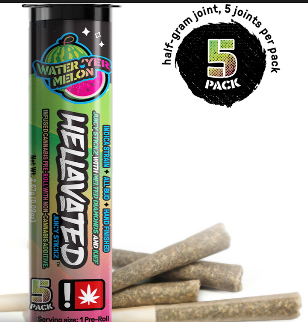 Photograph of product: Hellavated - Juicy Stickz - Water' yer Melon (Oui'd) - Infused Preroll - 5 Pack