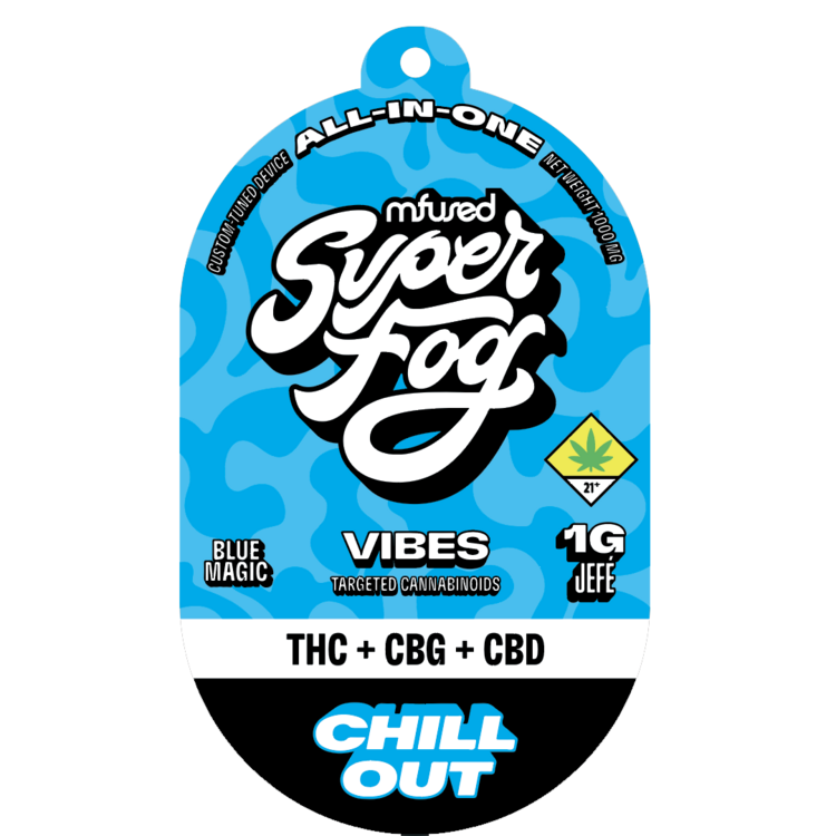 Photograph of product: Super Fog Vibes Jef Chill Out Blue Raspberry 1:1:1 CBG & CBD Disposable VAPE