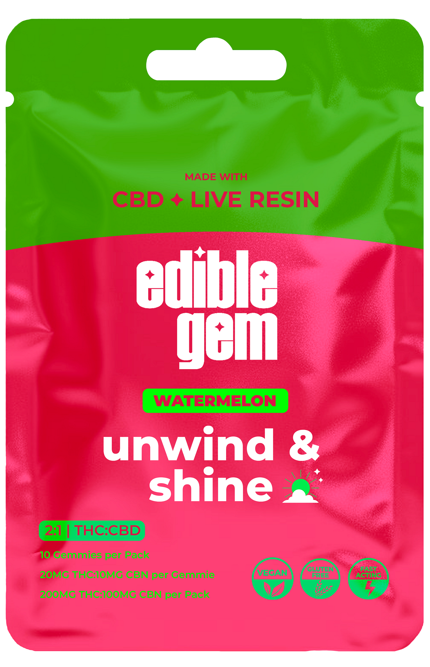 Photograph of Product: Edible Gems | Gummies | Watermelon | Unwind & Shine 2:1 CBD | 200mg